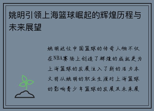 姚明引领上海篮球崛起的辉煌历程与未来展望